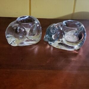Pair of Indiana Glass crystal sleeping cat candle holders